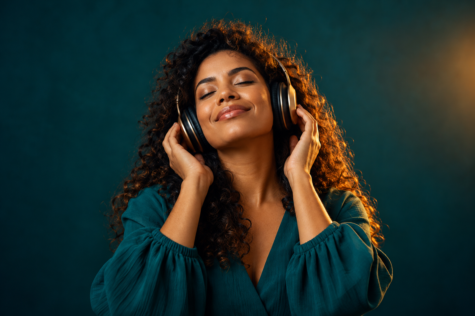 Mulher ouvindo música com fones em um ambiente verde-petróleo com luz dourada